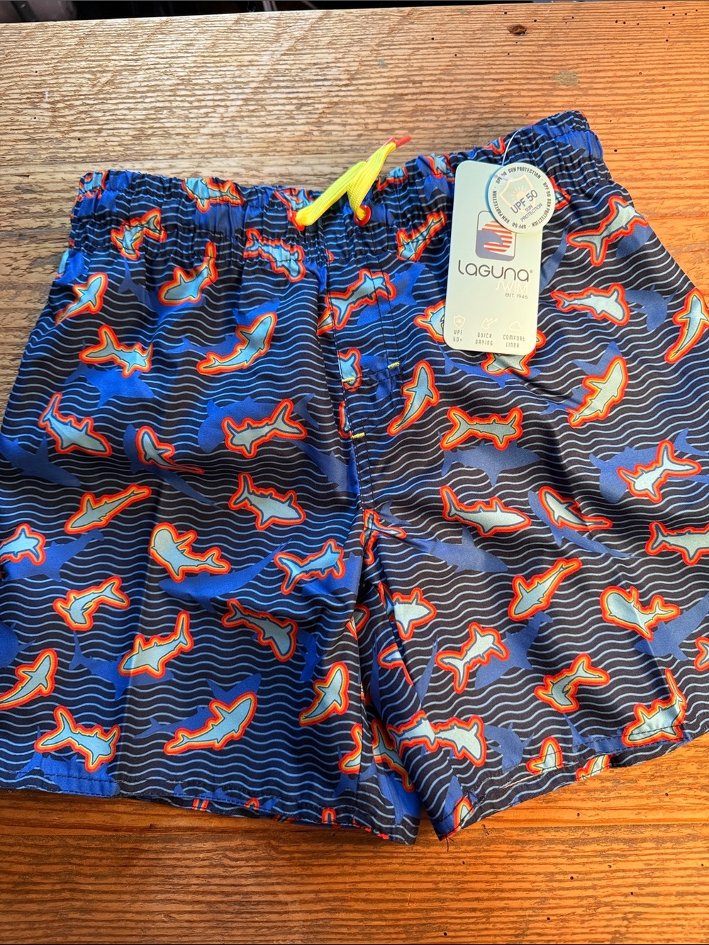 Laguna Kids' Navy Shark-Print Swim Shorts with Yellow Drawstring